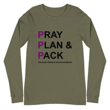 Load image into Gallery viewer, PRAY PLAN PACK - DV Awareness Unisex Long Sleeve Tee (Purple/Black Print)