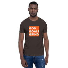 Load image into Gallery viewer, GOD GOALS GRIND Unisex Tee (White Print/Orange Box)
