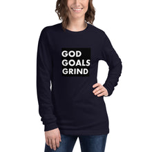 Load image into Gallery viewer, GOD GOALS GRIND Unisex Long Sleeve Tee (White Print/Black Box)