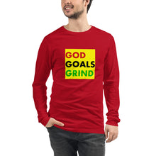 Load image into Gallery viewer, GOD GOALS GRIND Unisex Long Sleeve Tee (Red/Black/Green Print)