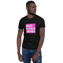 Load image into Gallery viewer, GOD GOALS GRIND Unisex Tee (White Print/Fuchsia Pink Box)