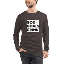 Load image into Gallery viewer, GOD GOALS GRIND Unisex Long Sleeve Tee (Black Print/White Box)
