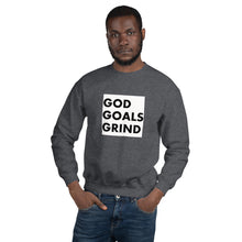 Load image into Gallery viewer, GOD GOALS GRIND Unisex Sweatshirt (Black Print/White Box)