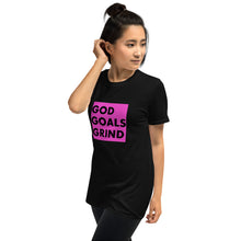 Load image into Gallery viewer, GOD GOALS GRIND Unisex Tee (Black Print/Fuchsia Pink Box)