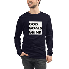 Load image into Gallery viewer, GOD GOALS GRIND Unisex Long Sleeve Tee (Black Print/White Box)