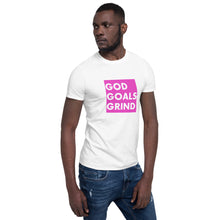 Load image into Gallery viewer, GOD GOALS GRIND Unisex Tee (White Print/Fuchsia Pink Box)