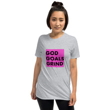 Load image into Gallery viewer, GOD GOALS GRIND Unisex Tee (Black Print/Fuchsia Pink Box)