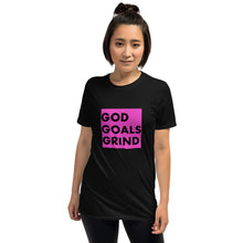 Load image into Gallery viewer, GOD GOALS GRIND Unisex Tee (Black Print/Fuchsia Pink Box)