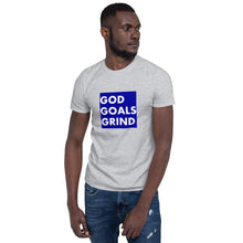Load image into Gallery viewer, GOD GOALS GRIND Unisex Tee (White Print/Blue Box)