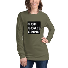 Load image into Gallery viewer, GOD GOALS GRIND Unisex Long Sleeve Tee (White Print/Black Box)