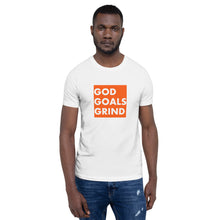 Load image into Gallery viewer, GOD GOALS GRIND Unisex Tee (White Print/Orange Box)