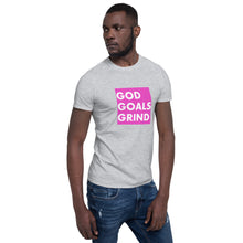 Load image into Gallery viewer, GOD GOALS GRIND Unisex Tee (White Print/Fuchsia Pink Box)