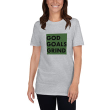 Load image into Gallery viewer, GOD GOALS GRIND Unisex Tee (Black Print/Army Green Box)