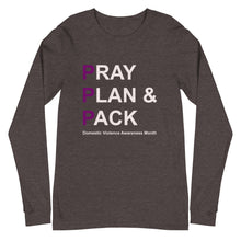 Load image into Gallery viewer, PRAY PLAN PACK - DV Awareness Unisex Long Sleeve Tee (Purple/White Print)