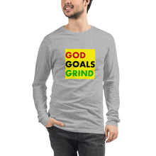 Load image into Gallery viewer, GOD GOALS GRIND Unisex Long Sleeve Tee (Red/Black/Green Print)