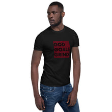 Load image into Gallery viewer, GOD GOALS GRIND Unisex Tee (Black Print/Burgundy Box)