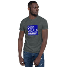 Load image into Gallery viewer, GOD GOALS GRIND Unisex Tee (White Print/Blue Box)