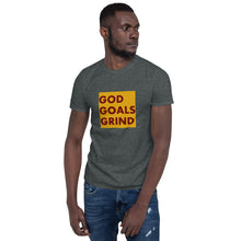 Load image into Gallery viewer, GOD GOALS GRIND Unisex Tee (Maroon Print/Gold Box)