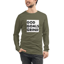 Load image into Gallery viewer, GOD GOALS GRIND Unisex Long Sleeve Tee (Black Print/White Box)
