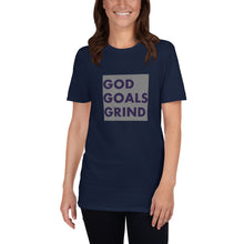 Load image into Gallery viewer, GOD GOALS GRIND Unisex Tee (Navy Print/Gray Box)