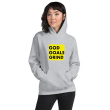 Load image into Gallery viewer, GOD GOALS GRIND Unisex Hoodie (Black print / Gold box)