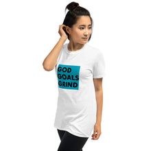 Load image into Gallery viewer, GOD GOALS GRIND Unisex Tee (Black Print/Teal Box)
