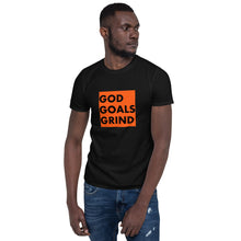 Load image into Gallery viewer, GOD GOALS GRIND Unisex Tee (Black Print/Orange Box)