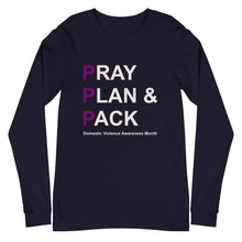 Load image into Gallery viewer, PRAY PLAN PACK - DV Awareness Unisex Long Sleeve Tee (Purple/White Print)