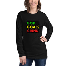 Load image into Gallery viewer, GOD GOALS GRIND Unisex Long Sleeve Tee (Green/Yellow/Red Print)