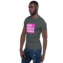 Load image into Gallery viewer, GOD GOALS GRIND Unisex Tee (White Print/Fuchsia Pink Box)