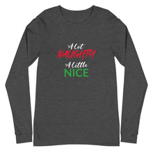 Load image into Gallery viewer, Naughty/Nice Unisex Long Sleeve Tee (White/Red/Green Print)