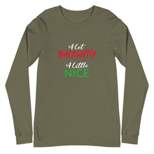 Load image into Gallery viewer, Naughty/Nice Unisex Long Sleeve Tee (White/Red/Green Print)