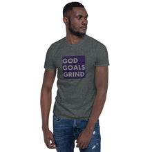 Load image into Gallery viewer, GOD GOALS GRIND Unisex Tee (Gray Print/Navy Box)