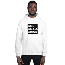 Load image into Gallery viewer, GOD GOALS GRIND Unisex Hoodie (White print / Black box)