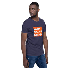 Load image into Gallery viewer, GOD GOALS GRIND Unisex Tee (White Print/Orange Box)