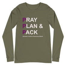 Load image into Gallery viewer, PRAY PLAN PACK - DV Awareness Unisex Long Sleeve Tee (Purple/White Print)
