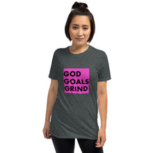 Load image into Gallery viewer, GOD GOALS GRIND Unisex Tee (Black Print/Fuchsia Pink Box)