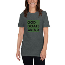 Load image into Gallery viewer, GOD GOALS GRIND Unisex Tee (Black Print/Army Green Box)
