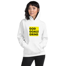 Load image into Gallery viewer, GOD GOALS GRIND Unisex Hoodie (Black print / Gold box)