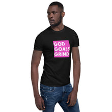 Load image into Gallery viewer, GOD GOALS GRIND Unisex Tee (White Print/Fuchsia Pink Box)