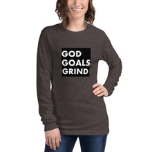 Load image into Gallery viewer, GOD GOALS GRIND Unisex Long Sleeve Tee (White Print/Black Box)