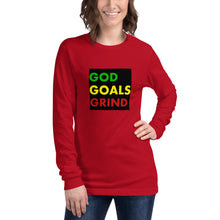 Load image into Gallery viewer, GOD GOALS GRIND Unisex Long Sleeve Tee (Green/Yellow/Red Print)