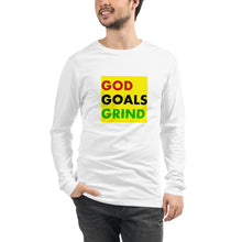 Load image into Gallery viewer, GOD GOALS GRIND Unisex Long Sleeve Tee (Red/Black/Green Print)