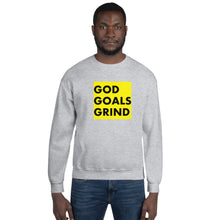 Load image into Gallery viewer, GOD GOALS GRIND Unisex Sweatshirt (Black Print/Gold Box)