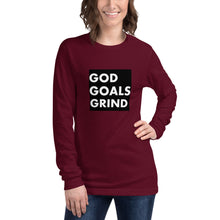 Load image into Gallery viewer, GOD GOALS GRIND Unisex Long Sleeve Tee (White Print/Black Box)