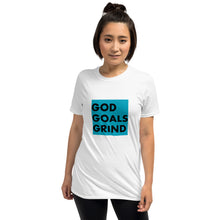Load image into Gallery viewer, GOD GOALS GRIND Unisex Tee (Black Print/Teal Box)