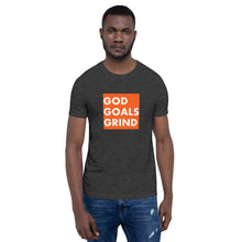 Load image into Gallery viewer, GOD GOALS GRIND Unisex Tee (White Print/Orange Box)