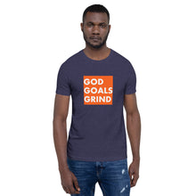 Load image into Gallery viewer, GOD GOALS GRIND Unisex Tee (White Print/Orange Box)