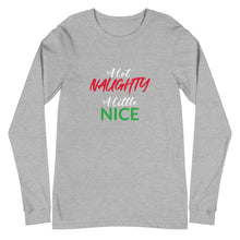 Load image into Gallery viewer, Naughty/Nice Unisex Long Sleeve Tee (White/Red/Green Print)
