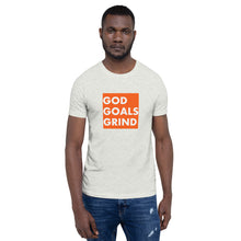 Load image into Gallery viewer, GOD GOALS GRIND Unisex Tee (White Print/Orange Box)